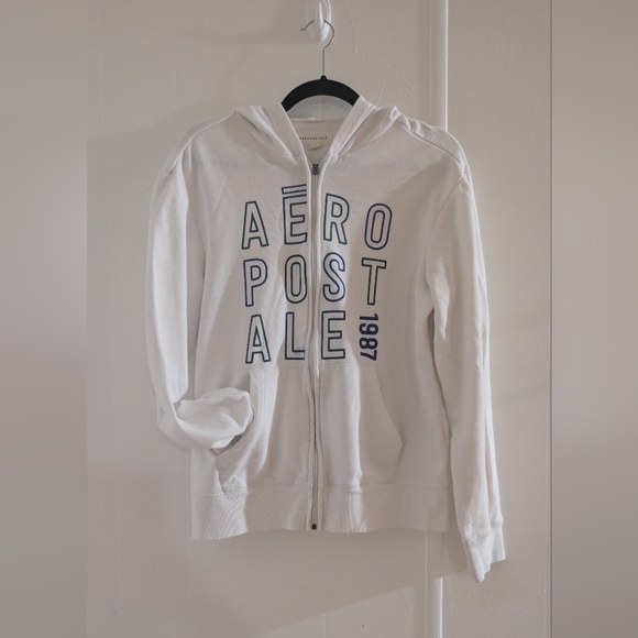 Aeropostale Sweaters - Aeropostale White Zip-Up Hoodie With Blue Letters